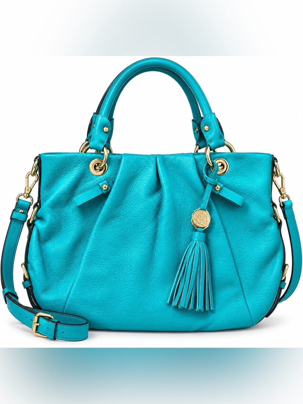Vince Camuto Turquoise Teal Leather Satchel Shoulder Bag Tassel Gold Tone Large